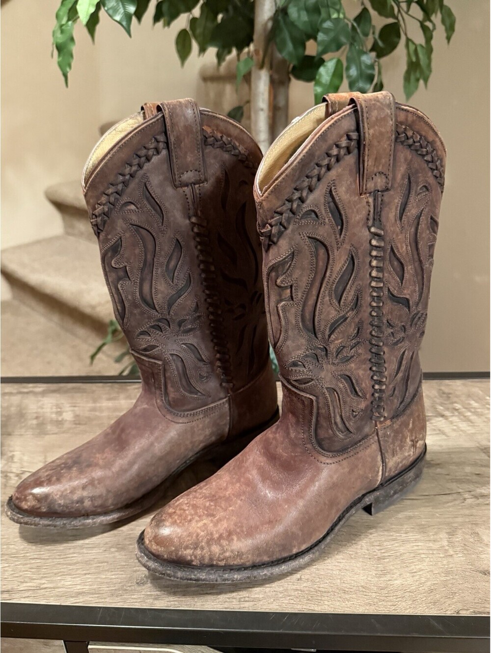 Frye Women’s Wyatt Overlay Cowboy Boots Size 6.5B Brown Stone Antique
